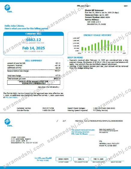USA FPL utility bill template in Word and PDF formats, version 5